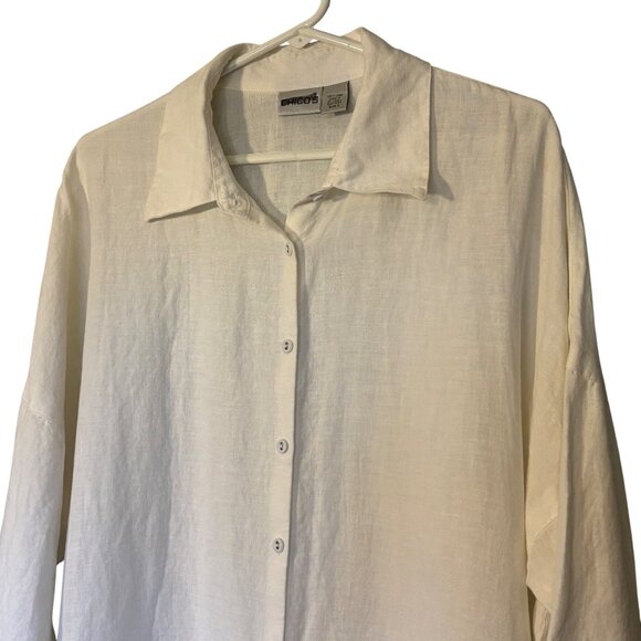 Chicos White 100% Linen Shirt Womens Size 3 Relaxed Fit Button-Up Sleeve - Picture 2 of 13